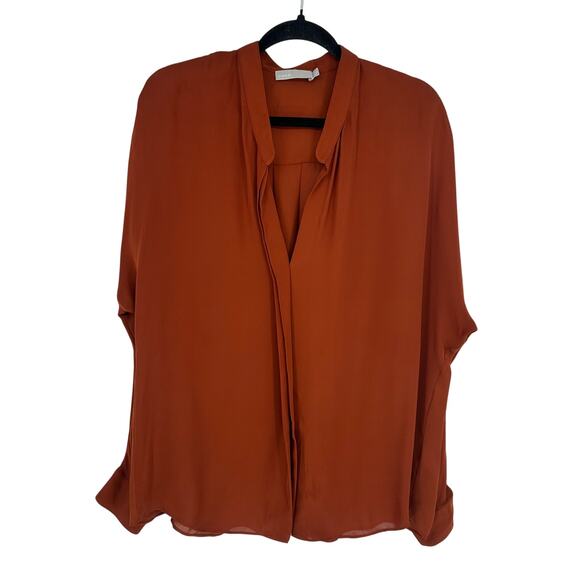 Vince Burnt Red 100% Silk Crepe V-Neck Blouse Long Sleeve Workwear Office 12 - Picture 1 of 9